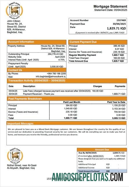 imprimível Modelo Word e PDF de declaração de hipoteca do Banco Iraquiano Mosul